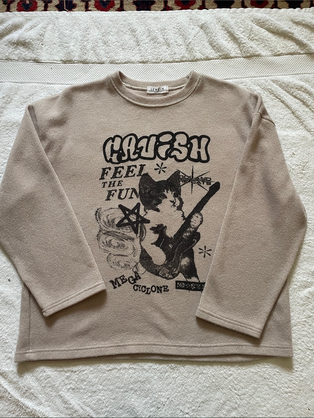 Lewin Beige Graphic Crewneck Sweater - Cat Guitar Print
